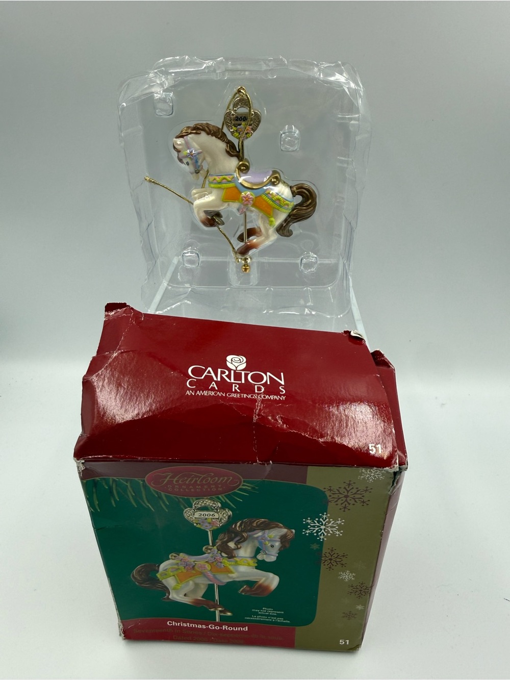Carlton Cards White Carousel Horse Ornament with Gold and Pastel Accents